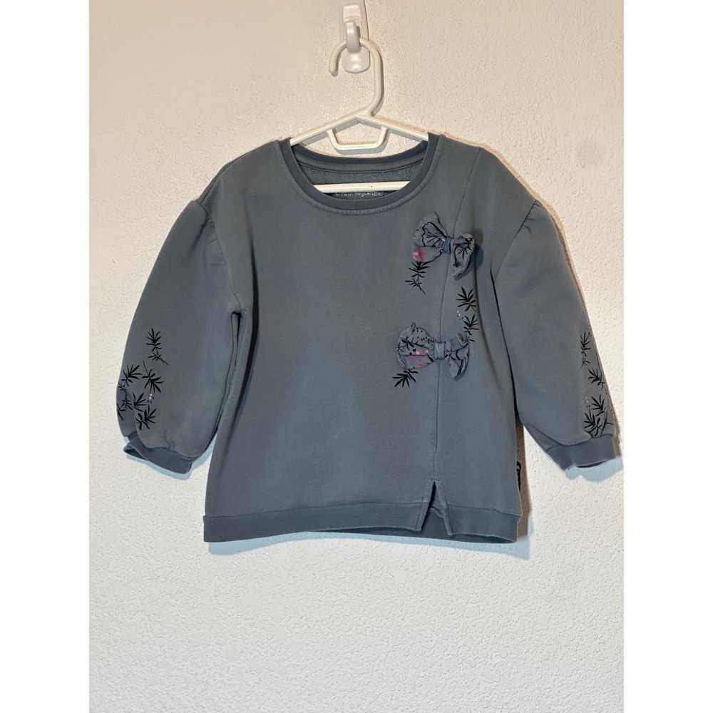 Petit Beguin Bio Kids Slate Blue Embroidered Bow Fleece Sweatshirt Size 5A 110CM